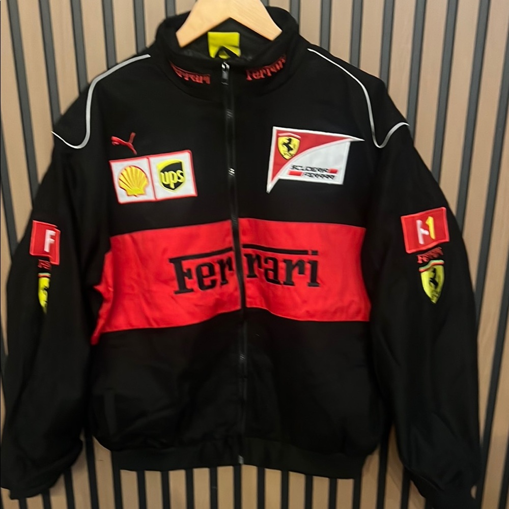 Ferrari Black & Red Racing Zip-Front Denim Jacket Sz XL